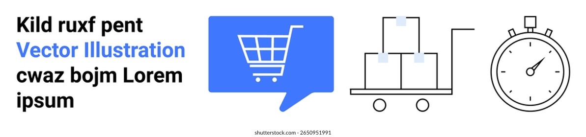 E-commerce shopping cart icon, trolley with boxes, stopwatch. Ideal for online shopping, delivery services, logistics, time management, e-commerce, inventory, supply chain. Landing page