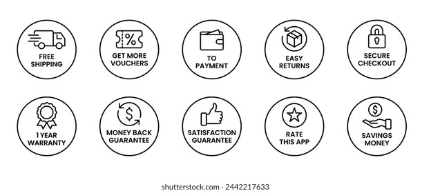 E-commerce and Shopping cart icons line set. Free shipping, voucher, secure checkout, warranty, money back, easy returns, satisfaction guarantee, rate rating, savings money symbol. Vector Illustration