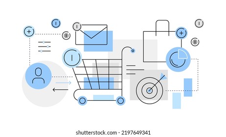 E-commerce. Shopping cart with marketing related objects. Modern flat illustration. Web banner. Vector file.