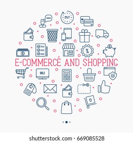 E-commerce, shopping circle concept with thin line icons contains such elements as shopping cart, payment method, delivery, sale. Vector illustration.
