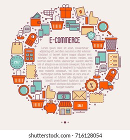 E-commerce, shopping concept in circle with thin line icons: shopping cart, payment method, delivery, sale. Vector illustration for background of banner, web page, print media with place for text.