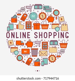 E-commerce, shopping concept in circle with thin line icons: shopping cart, payment method, delivery, sale. Vector illustration for background of banner, web page, print media.