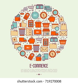 E-commerce, shopping concept in circle with thin line icons: shopping cart, payment method, delivery, sale. Vector illustration for background of banner, web page, print media with place for text.