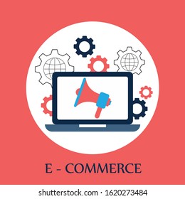  E-commerce shopping concept. Online shopping and online store concept. Laptop with screen buy. Vector illustration And Red Background