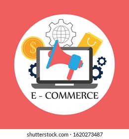 E-commerce shopping concept. Online shopping and online store concept. Laptop with screen buy. Vector illustration And Red Background