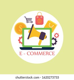  E-commerce shopping concept. Online shopping and online store concept. Laptop with screen buy. Vector illustration