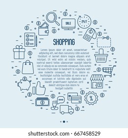 E-commerce, shopping concept with thin line icons in circle and place for text inside. Banner template for online shop. Vector illustration.