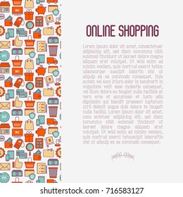 E-commerce, shopping concept with thin line icons: shopping cart, payment method, delivery, sale. Vector illustration for background of banner, web page, print media with place for text.