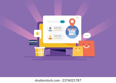 eCommerce shopping, Customer sharing online shopping experience, Customer loyalty, Digital marketing for ecommerce website - vector illustration banner with icons