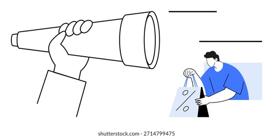 E-commerce, shopping discounts, exploration, customer behavior, marketing strategy, sales promotion. A hand holding a telescope and a person with a discount bag. E-commerce and shopping discounts