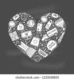 E-commerce shopping doodles with elements composed in heart shape.