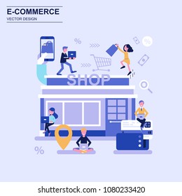 E-commerce and shopping flat design concept blue style with decorated small people character. Conceptual vector illustration for web design, marketing, graphic design.