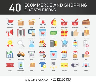 Ecommerce and Shopping flat icon collection, contains such icons  as commerce, shipping, delivery and online shopping. Simple web icons set.