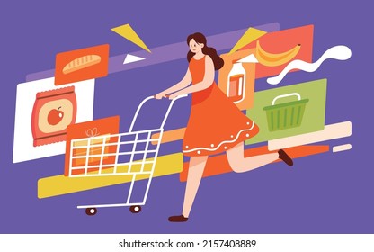 E-commerce shopping, girl pushing a shopping cart to buy items, vector illustration