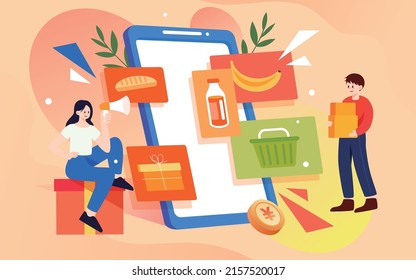 E-commerce shopping, girl pushing a shopping cart to buy items, vector illustration