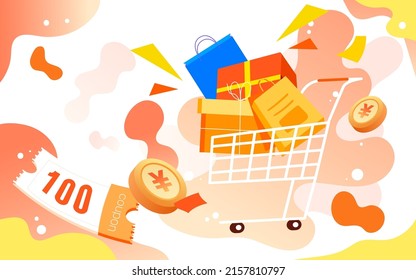 E-commerce shopping, girl pushing a shopping cart to buy items, vector illustration