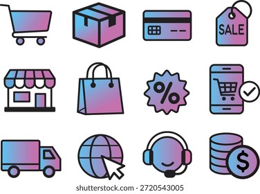 Plantilla de iconos de contorno de gradiente de comercio electrónico y compras