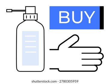 E-commerce, shopping, hygiene, online orders, sanitation, hand washing. Pump bottle and a hand with a prominent buy button. Hygiene and online shopping conceptual idea