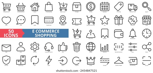 Ecommerce shopping icon collection set. Containing cart, basket, home, bag, package, money, calendar icon. Simple line vector.