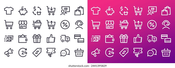 E-Commerce and Shopping Icon Set. 24 Thin Line Symbols for Online Retail, Payment, and Customer Service