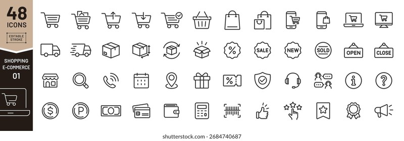 Conjunto de iconos de comercio electrónico y compras: 48 símbolos de Vector de línea simples (Carrito, entrega, pago, venta, Asistencia, tienda)