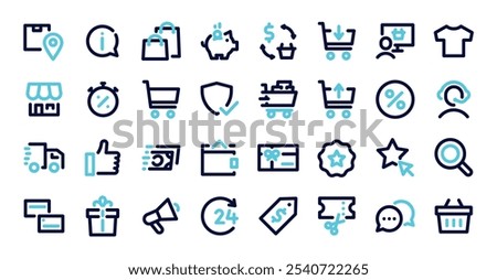E-commerce and Shopping Icon Set. Minimalist vector line graphic elements for online retail platforms, sales. Commerce business editable stroke symbols