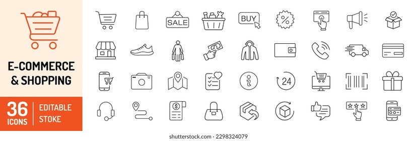 Conjunto de iconos de comercio electrónico y compras.  Compras online, Dinero, Tienda, Pago y entrega. Iconos de trazo editables. Ilustración vectorial.