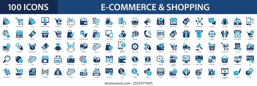 E-commerce and shopping icon set. Online shopping, e-business, promotion, delivery, store, shop, payment, shopping cart.