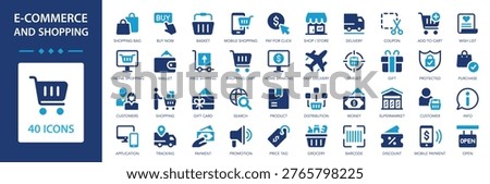 E-commerce and shopping icons collection. Online store and shopping set. Marketplace, promotion, delivery, store, marketing, money. Simple flat vector icon.