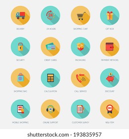 E-commerce shopping icons flat set of delivery shopping cart gift box isolated vector illustration