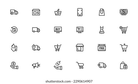 Symbole für elektronischen Geschäftsverkehr und Einkäufe, Kontursymbol