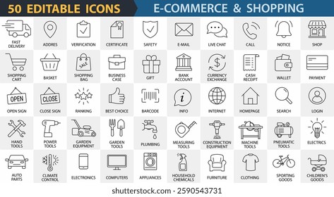 E-commerce and shopping icons. Set of 50 editable vector line icons. Business symbols: payment, cart, delivery and marketing  for web design, app, templates. E-Commerce icons with linear stroke.