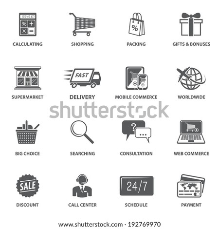 E-commerce shopping icons set of calculating packing delivery payment elements vector illustration