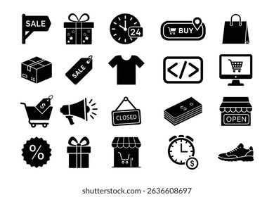 E-commerce Shopping Icons Set: A Collection of Black Glyph Marketing and Retail Symbols for Website and App Design, Featuring Sale Tags, Shopping Carts, and More.
