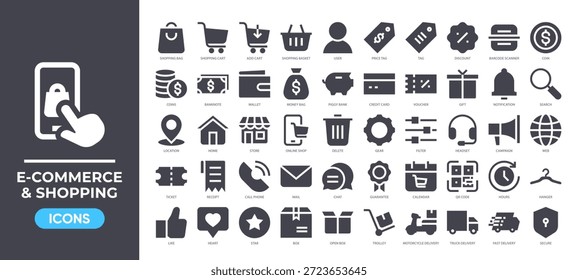 E-Commerce und Shopping-Symbole setzen Sammlung, mit Warenkorb, Zahlungen, Lieferung, Rabatte und Online-Shop-Tools. Ideal für Apps im Einzelhandel, Webshops und Marketingaktionen.
