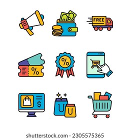 Ecommerce and Shopping Icons Set in Colored Outline Style Icon