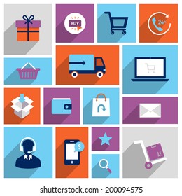 E-commerce shopping icons set of delivery shopping cart gift box isolated vector illustration.