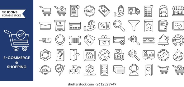 E-commerce and Shopping icons set in line style. Contains icons related to Online shopping, shipping and delivery, E-business, shopping cart and more. Vector illustration