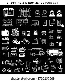 E-commerce and shopping icons set, payment elements, bank cards, online shop, gifts, shipping. Vector and illustration.