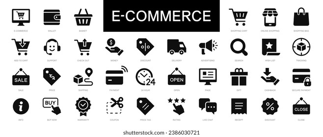 Icons für E-Commerce und Shopping setzen. E-Commerce, Shopping, Shop, Zahlung schwarz flach Symbol. Symbole für E-Business und Online-Shopping setzen. Vektorgrafik