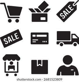 Conjunto de ícones de comércio eletrônico e compras - Símbolos vetoriais para negócios on-line e varejo

