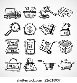 E-commerce Shopping Icons Sketch Set Of Delivery Truck Credit Card Piggy Bank Isolated Vector Illustration