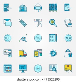 Ecommerce and shopping icons. Vector colorful e-commerce and online sales symbols or signs