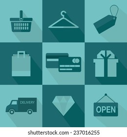 Ecommerce and shopping icons. Vector flat icons set with long shadow. Illustrations and concepts for web and mobile applications