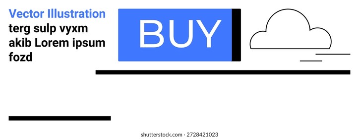E-Commerce, Shopping-Schnittstelle, digitales Marketing, Online-Shopping, Web-Design, Call-to-Action. Blaue Schaltfläche mit der Bezeichnung BUY, einfache Cloud-Illustration. E-Commerce und digitales Marketingkonzept