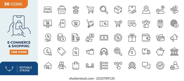 E-commerce and Shopping line editable icon set. Contains icons as mobile shop, shopping cart, testimonials, shipping and delivery, fashion and more.	

