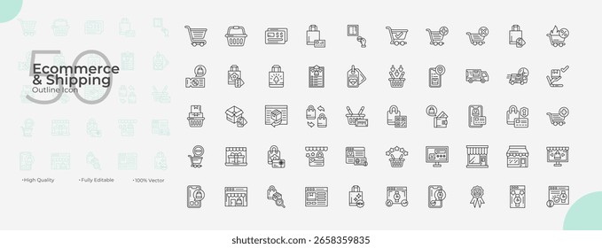 Ecommerce E Linha De Compras Ícones Editáveis conjunto. Ilustração vetorial no estilo moderno de linha fina de ícones de comércio eletrônico e compras: e-business, comércio, loja, etc