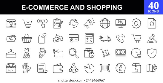 Comercio electrónico y compras. Conjunto de iconos de línea. Comercio electrónico, compras en línea y elementos de entrega. Iconos para sitios web y sitios web móviles. Ilustración de vector