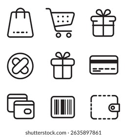 Ecommerce and Shopping Line Icon Set – Gift, Cart, Wallet, Barcode, Payment Vector Collection