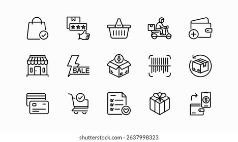 E-commerce and shopping line icon set. Online store, shopping cart, checkout, wallet, credit card, payment method, discount tag, gift box, product review, delivery, package, vector icon collection.
